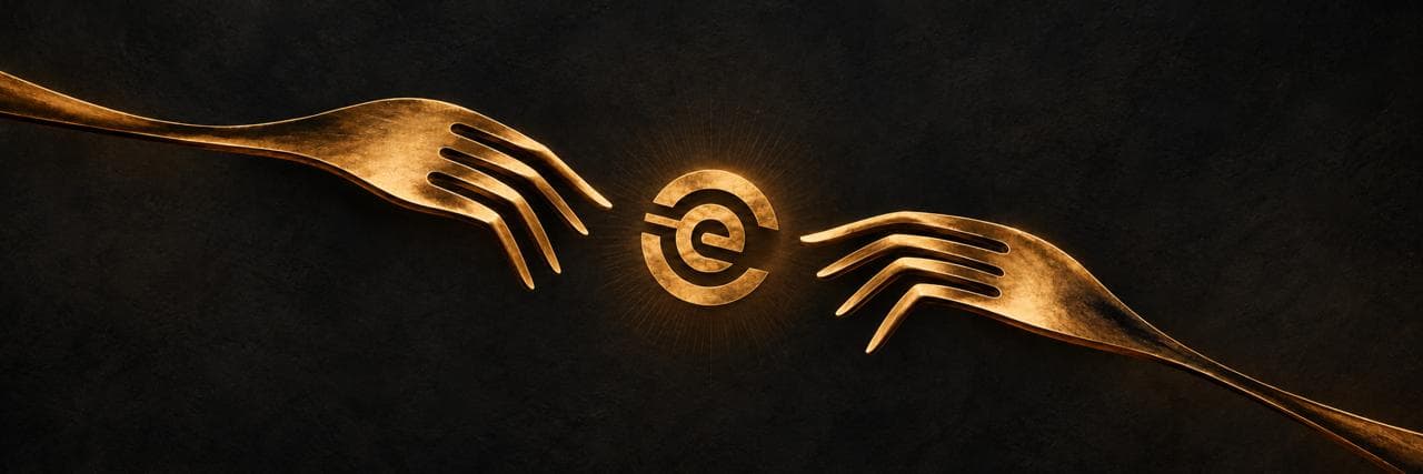 Two golden forks reaching for the eCash mark